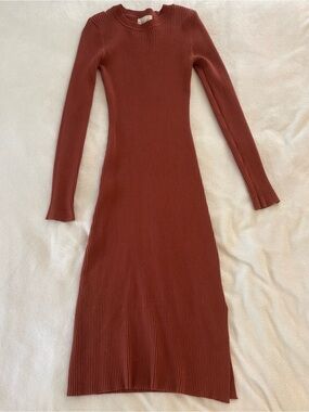 PinkBlush Maternity Rust Ribbed Knit Fitted Maternity Midi Dress
